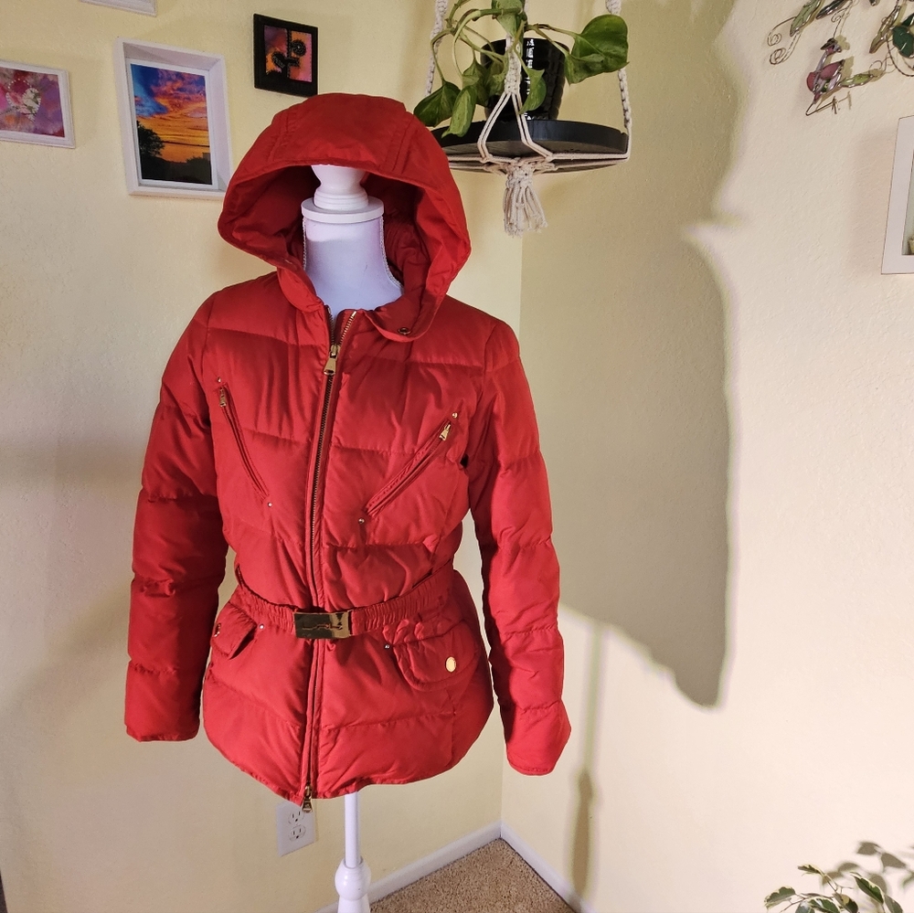 Ralph Lauren Women’s Red Hooded Puffer Jacket with Belt Sz P/M